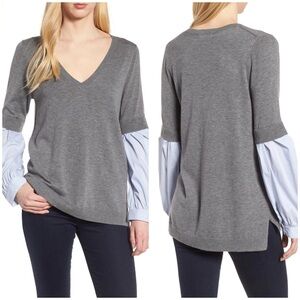 Trouvé Gray V-Neck Sweater Top w/ Contrast Blue Balloon Sleeves Size Small‎ NWT